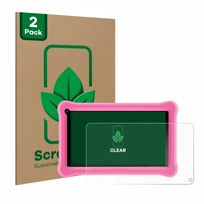 Front side of a product packaging with the brand logo ScreenLeaf. Next to it is the device Sumtab K708 7.1" shown with the cor