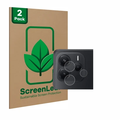 Front side of a product packaging with the brand logo ScreenLeaf. Next to it is the device Xiaomi Redmi Note 14 (ONLY Camera L
