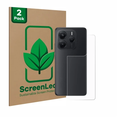 Front side of a product packaging with the brand logo ScreenLeaf. Next to it is the device Xiaomi Redmi Note 14 (Back) shown w