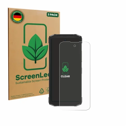 Front side of a product packaging with the brand logo ScreenLeaf. Next to it is the device Doogee Fire 6 Power shown with the 