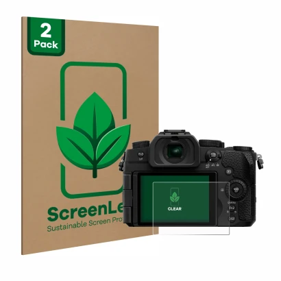 Front side of a product packaging with the brand logo ScreenLeaf. Next to it is the device Panasonic Lumix DC-G97 shown with t