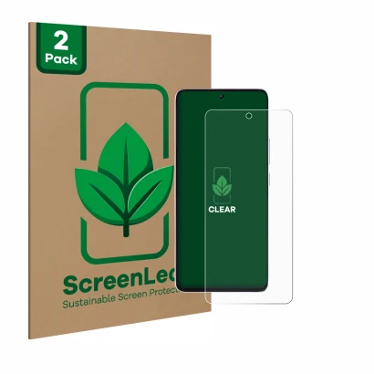 Front side of a product packaging with the brand logo ScreenLeaf. Next to it is the device Xiaomi Poco M7 Pro shown with the c