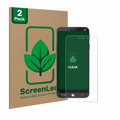 Front side of a product packaging with the brand logo ScreenLeaf. Next to it is the device Brondi Amico Vero 4G shown with the