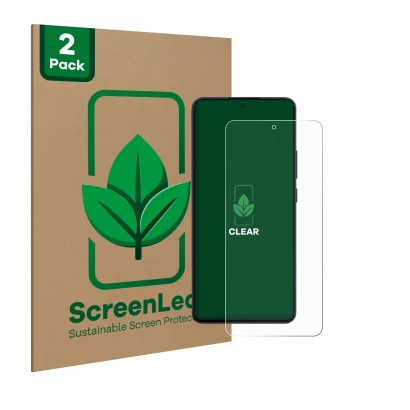 Front side of a product packaging with the brand logo ScreenLeaf. Next to it is the device Oppo Reno 13 F shown with the corre