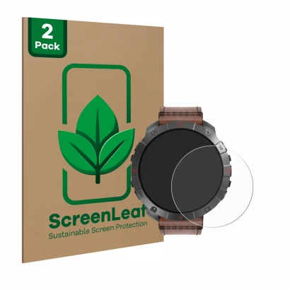 Front side of a product packaging with the brand logo ScreenLeaf. Next to it is the device Polar Grit X2 Pro Titan shown with 