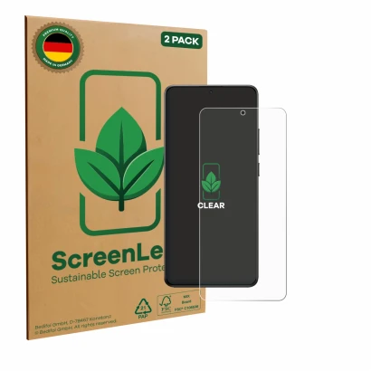 Front side of a product packaging with the brand logo ScreenLeaf. Next to it is the device Xiaomi Poco X7 Pro shown with the c