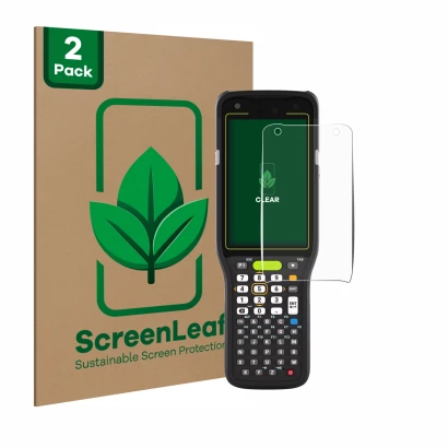 Front side of a product packaging with the brand logo ScreenLeaf. Next to it is the device Zebra MC3400 shown with the corresp