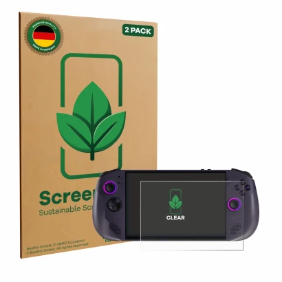 Front side of a product packaging with the brand logo ScreenLeaf. Next to it is the device Lenovo Legion Go S shown with the c