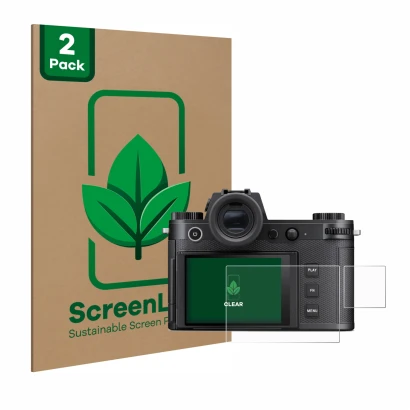 Front side of a product packaging with the brand logo ScreenLeaf. Next to it is the device Leica SL3-S (Display + top plate di