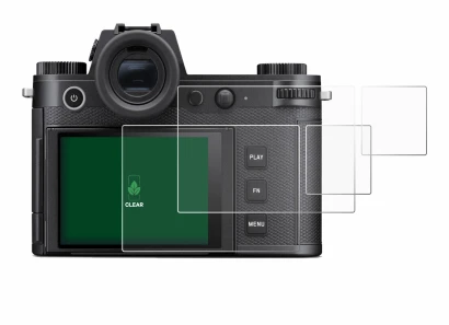 Image of the device Leica SL3-S (Display + top plate display) with a wide variety of screen protectors.