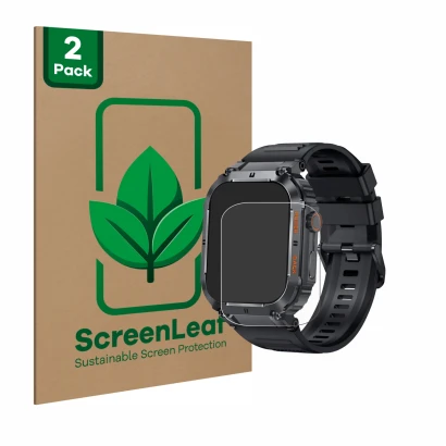 Front side of a product packaging with the brand logo ScreenLeaf. Next to it is the device bedee Smartwatch 1.96" shown with t
