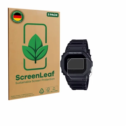 Front side of a product packaging with the brand logo ScreenLeaf. Next to it is the device Casio G-Shock DW-5600RL-1 shown wit