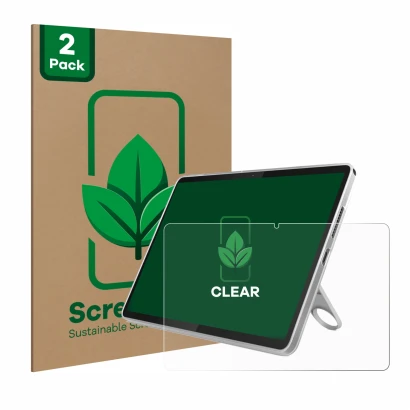 Front side of a product packaging with the brand logo ScreenLeaf. Next to it is the device Lenovo Tab 10.1" shown with the cor
