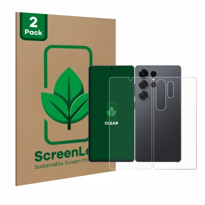 Front side of a product packaging with the brand logo ScreenLeaf. Next to it is the device Samsung Galaxy S25 Ultra (Front+Bac