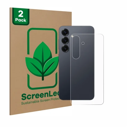 Front side of a product packaging with the brand logo ScreenLeaf. Next to it is the device Samsung Galaxy S25 (Back) shown wit