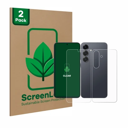 Front side of a product packaging with the brand logo ScreenLeaf. Next to it is the device Samsung Galaxy S25 (Front+Back) sho