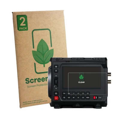 Front side of a product packaging with the brand logo ScreenLeaf. Next to it is the device Blackmagic Design Pyxis 6K 4" shown