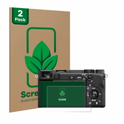 Front side of a product packaging with the brand logo ScreenLeaf. Next to it is the device Sony Alpha 6100A shown with the cor