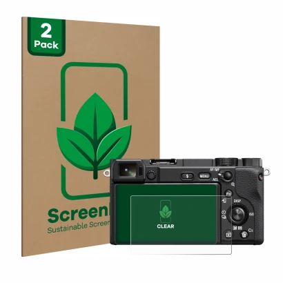 Front side of a product packaging with the brand logo ScreenLeaf. Next to it is the device Sony Alpha 6400A shown with the cor