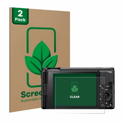 Front side of a product packaging with the brand logo ScreenLeaf. Next to it is the device Sony ZV-1A shown with the correspon
