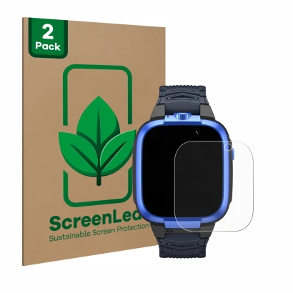 Front side of a product packaging with the brand logo ScreenLeaf. Next to it is the device Xiaomi Mibro Kids Z3 shown with the