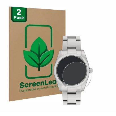 Front side of a product packaging with the brand logo ScreenLeaf. Next to it is the device Rolex Oyster Perpetual 34 shown wit