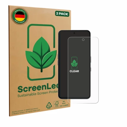 Front side of a product packaging with the brand logo ScreenLeaf. Next to it is the device Nothing Phone (3a) Pro shown with t