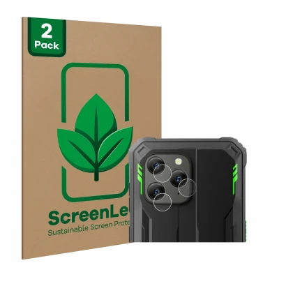 Front side of a product packaging with the brand logo ScreenLeaf. Next to it is the device Blackview BV5300 Plus (ONLY Camera 