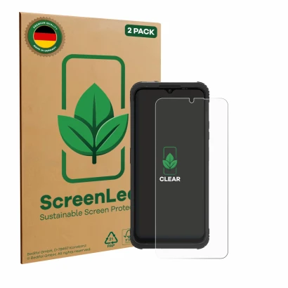 Front side of a product packaging with the brand logo ScreenLeaf. Next to it is the device AGM H Max shown with the correspond