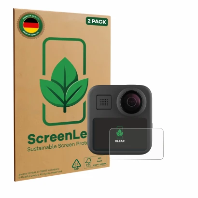 Front side of a product packaging with the brand logo ScreenLeaf. Next to it is the device GoPro Max (2025) shown with the cor
