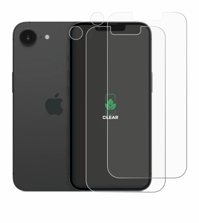 Image of the device Apple iPhone 16e (Front+Camera) with a wide variety of screen protectors.