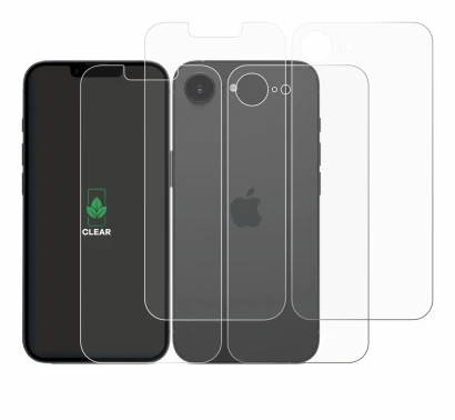Image of the device Apple iPhone 16e (Front+Back) with a wide variety of screen protectors.
