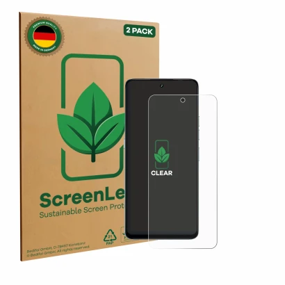 Front side of a product packaging with the brand logo ScreenLeaf. Next to it is the device Umidigi Note 100 shown with the cor