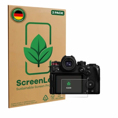 Front side of a product packaging with the brand logo ScreenLeaf. Next to it is the device Panasonic Lumix S1R II shown with t