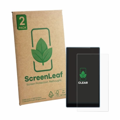 Front side of a product packaging with the brand logo ScreenLeaf. Next to it is the device FiiO JM21 shown with the correspond