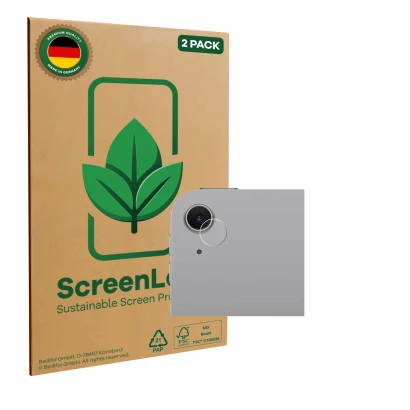Front side of a product packaging with the brand logo ScreenLeaf. Next to it is the device Apple iPad Air 11