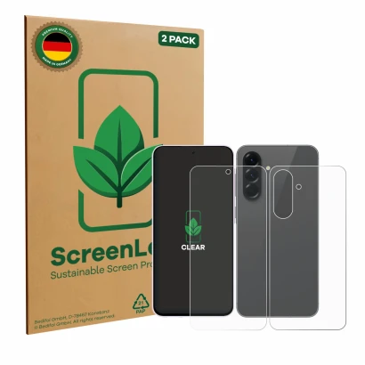 Front side of a product packaging with the brand logo ScreenLeaf. Next to it is the device Samsung Galaxy A56 5G (Front+Back) 