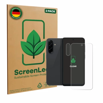 Front side of a product packaging with the brand logo ScreenLeaf. Next to it is the device Samsung Galaxy A36 5G (Front+Camera