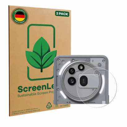 Front side of a product packaging with the brand logo ScreenLeaf. Next to it is the device Nothing Phone (3a) Pro (ONLY Camera