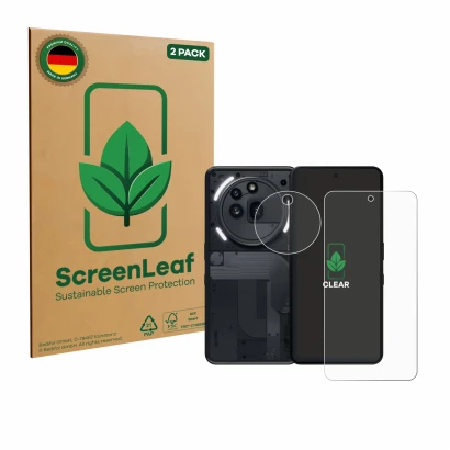 Front side of a product packaging with the brand logo ScreenLeaf. Next to it is the device Nothing Phone (3a) Pro (Front+Camer