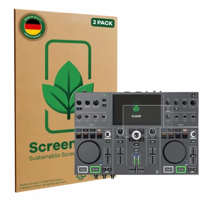 Front side of a product packaging with the brand logo ScreenLeaf. Next to it is the device Denon DJ Prime Go+ shown with the c