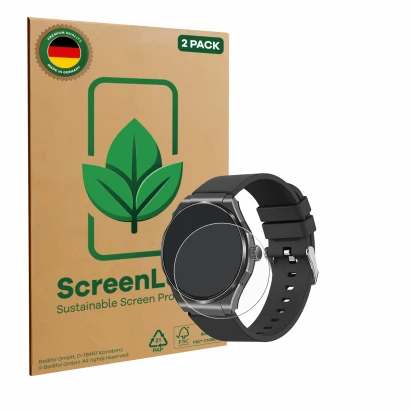 Front side of a product packaging with the brand logo ScreenLeaf. Next to it is the device Knauermann Pro 3 2024 (round) shown