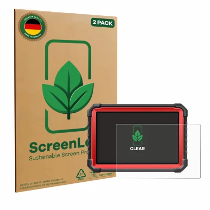 Front side of a product packaging with the brand logo ScreenLeaf. Next to it is the device Launch X-431 PRO3S+ V5.0 shown with