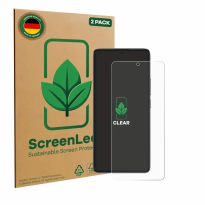 Front side of a product packaging with the brand logo ScreenLeaf. Next to it is the device Xiaomi Poco F7 Ultra shown with the