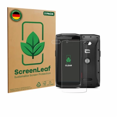 Front side of a product packaging with the brand logo ScreenLeaf. Next to it is the device Crosscall Core-M5 (Front+Camera) sh