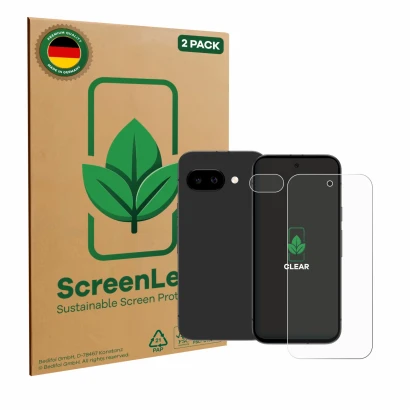 Front side of a product packaging with the brand logo ScreenLeaf. Next to it is the device Google Pixel 9a (Front+Camera) show