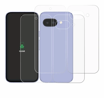 Image of the device Google Pixel 9a (Front+Back) with a wide variety of screen protectors.