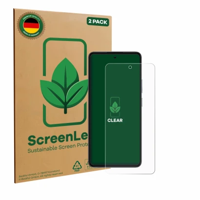 Front side of a product packaging with the brand logo ScreenLeaf. Next to it is the device realme 14 shown with the correspond