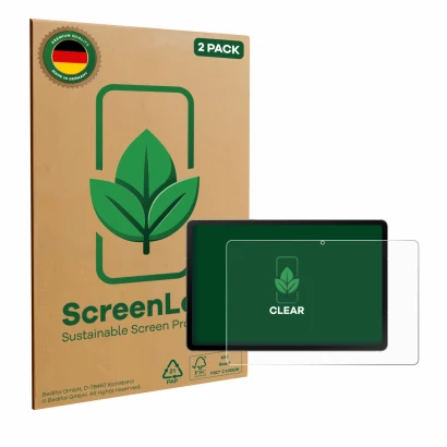 Front side of a product packaging with the brand logo ScreenLeaf. Next to it is the device Samsung Galaxy Tab S10 FE WiFi show