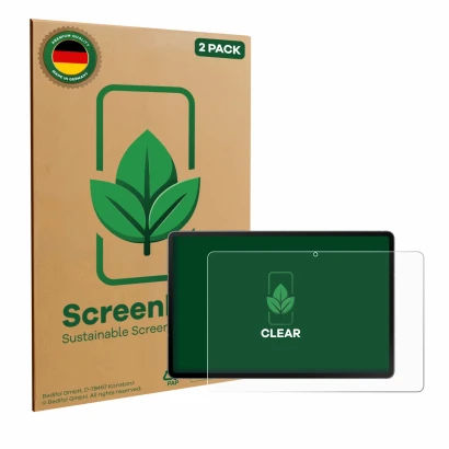 Front side of a product packaging with the brand logo ScreenLeaf. Next to it is the device Samsung Galaxy Tab S10 FE 5G shown 
